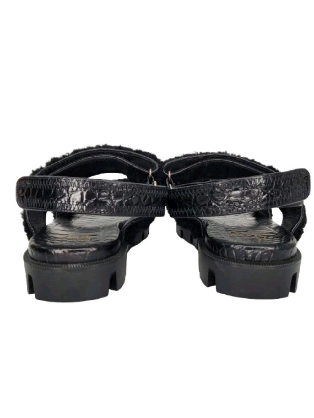 Christian Louboutin The Lock Black Wool Shearling Embossed Sandals - Picture 3 of 5